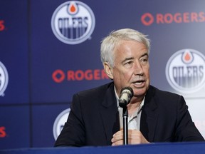 Edmonton Oilers CEO  Bob Nicholson speaks during a media conference at Rogers Place in Edmonton, on Monday, April 8, 2019.