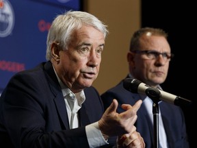 Edmonton Oilers CEO Bob Nicholson (left) and Interim general manager Keith Gretzky speak during a media conference at Rogers Place in Edmonton, on Monday, April 8, 2019.