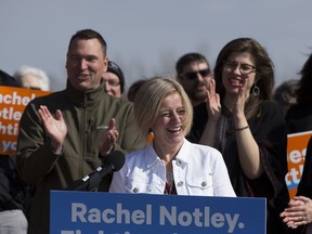 NDP leader Rachel Notley speaks to a crowd during a campaign stop on Friday, April 5, 2019, in Ardrossan .
