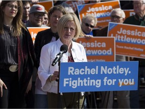 NDP Leader Rachel Notley speaks to a crowd during a campaign stop on Friday, April 5, 2019, in Ardrossan.