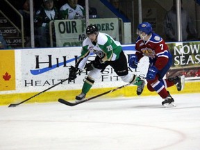 Edmonton Oil Kings defenceman Parker Gavlas chases Prince Albert Raiders winger Brett Leason during first-period action of the WHL Eastern Conference final Friday, April 26, 2019 at the Art Hauser Centre in Prince Albert, Saskatchewan. Lucas Punkari/Prince Albert Herald