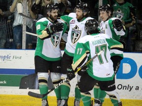 The Prince Albert Raiders celebrate a goal on Saturday, April 20, 2019, during first-period action of Game 2 of the WHL Eastern Conference final at Art Hauser Centre in Prince Albert, Sask.