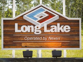 A sign at Nexen Energy's Long Lake facility near Fort McMurray on July 22, 2015. The company that took over Nexen, CNOOC Petroleum North America, was fined $450,000 on Thursday, April 18, 2019, for a blast that killed two workers.