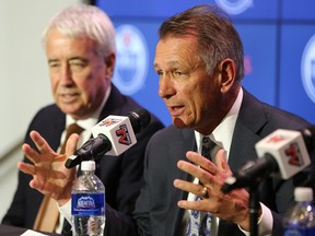 Ken Holland (right), the new general manager of the Edmonton Oilers, speaks next to Bob Nicholson, CEO and Vice Chair of Oilers Entertainment Group, during a press conference at Rogers Place in Edmonton, on Tuesday, May 7, 2019. Photo by Ian Kucerak/Postmedia