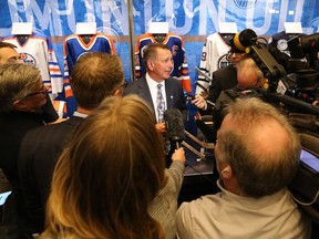 Ken Holland, general manager of the Edmonton Oilers, speaks to reporters about his hiring as the team's new general manager at Rogers Place in Edmonton, on Tuesday, May 7, 2019.