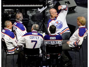 (Clockwise from top right) Mark Messier, Randy Gregg, Wayne Gretzky, Paul Coffey, Jaroslav Pouzar and Willy Lindstrom take part during the NHL's Greatest Team celebration recognizing the 1984-85 Edmonton Oilers team at Rogers Place in Edmonton on Sunday, Feb. 11, 2018. (Codie McLachlan/Postmedia) Photos for Terry Jones copy running Monday, Feb. 12 edition.