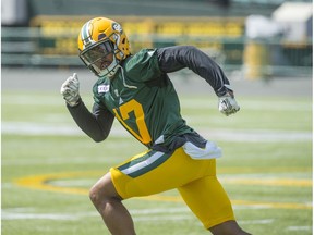 Arjen Colquhoun takes part in an Edmonton Eskimos practice on July 30, 2018, at Commonwealth Stadium.