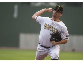Starting pitcher Connor Burns of the Edmonton Prospects against the Medicine Hat Mavericks at Re/Max field in Edmonton on Aug. 7, 2018.