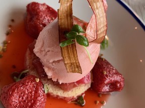Strawberry-rhubarb sponge dessert, from Chef Paul Shufelt.