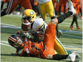 B.C. Lions Jesse Walker is tackled by Edmonton Eskimos Nick Taylor during pre-season Canadian Football League game action in Edmonton on Sunday May 26, 2019.