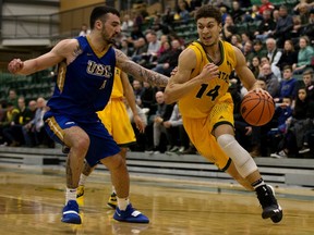 The University of Alberta Golden Bears' Brody Clarke (14) battles the UBC Thunderbirds' Patrick Simon (11) during Game 3 of their Canada West playoff series, in Edmonton Sunday Feb. 24, 2019.