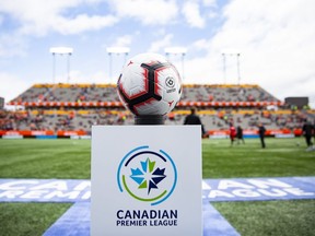 The game ball sits on a pedestal ahead of the inaugural soccer match of the Canadian Premier League between Forge FC of Hamilton and York 9 in Hamilton, Ont. Saturday, April 27, 2019.