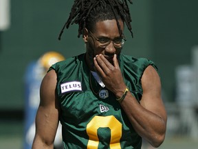 Edmonton Eskimos coverage linebacker Don Unamba watches from the sidelines during training camp on Monday, May 20, 2019.