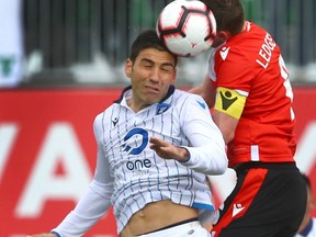 Edmonton midfielder Ramon Soria, shown here in a game against Cavalry FC in May, set up a chance in the second half against Pacific FC in Langford, B.C., on Friday, but the Eddies were unable to get on the scoreboard.