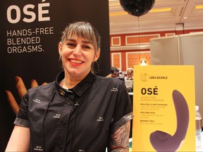 Evie Smith of startup Lora DiCarlo promotes Ose robotic sexual stimulator for women at an event near the Consumer Electronics Show, where she was not allowed to exhibit, in Las Vegas, Jan. 8, 2019. (GLENN CHAPMAN/AFP/Getty Images)