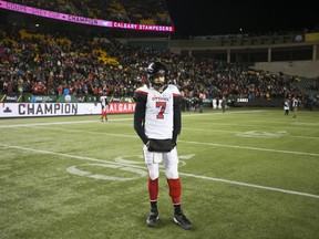 A dejected Ottawa Redblacks quarterback Trevor Harris (7) looks across the field after being defeated by the Calgary Stampeders in this file photo from the 106th Grey Cup game on Sunday, Nov. 25, 2018.