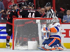 Robin Lehner of the New York Islanders reacts after giving up a goal against the Carolina Hurricanes at PNC Arena on May 3, 2019 in Raleigh, N.C. (Grant Halverson/Getty Images)