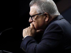 Minister of Public Safety and Emergency Preparedness Ralph Goodale listens to a question during an announcement on the expansion of the Security Infrastructure Program in support of protecting communities at risk of hate motivated crimes on Parliament Hill in Ottawa on Thursday, May 16, 2019. THE CANADIAN PRESS/Justin Tang