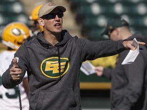 Edmonton Eskimos head coach Jason Maas calls a play during training camp in Edmonton, Alta., on May 19, 2019.