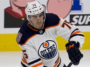 Edmonton Oilers rookie Evan Bouchard shoots the puck against the NAIT - MacEwan All- Stars during first period action on Tuesday, Sept. 11, 2018 in Edmonton.