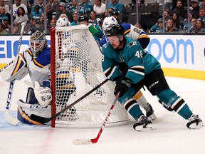 Tomas Hertl of the San Jose Sharks looks to take a shot on Jordan Binnington of the St. Louis Blues during the second period in Game 1 of the Western Conference Finals during the 2019 NHL Stanley Cup Playoffs at SAP Center on May 11, 2019 in San Jose, Calif.