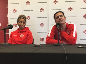 Christine Sinclair, right, and Desiree Scott of the Canadian women's national soccer team answer questions following a training session at the BMO Training Ground in Toronto on May 16, 2019.