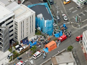 This aerial photo shows the scene of an attack in Kawasaki, near Tokyo Tuesday, May 28, 2019.
