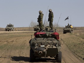 Soldiers of 1 Canadian Mechanized Brigade Group (1 CMBG) take part in Exercise Promethean Ram, a live-fire training exercise held at CFB Wainwright, on April 21, 2016.