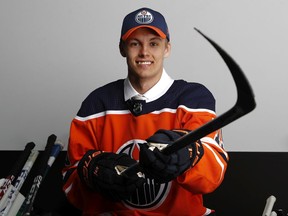 Philip Broberg poses for a portrait after being selected eighth overall by the Edmonton Oilers during the first round of the 2019 NHL Draft at Rogers Arena on June 21, 2019 in Vancouver, Canada.