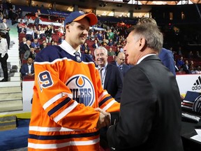 VANCOUVER, BRITISH COLUMBIA - JUNE 22: Ilya Konovalov reacts after being selected 85th overall by the Edmonton Oilers during the 2019 NHL Draft at Rogers Arena on June 22, 2019 in Vancouver, Canada.