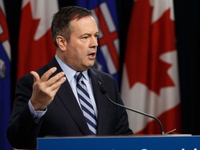 Premier Jason Kenney speaks about Bill 12, the turn-off-the-taps legislature, during a press conference in the media room in the Alberta Legislature in Edmonton, on Wednesday, May 1, 2019.