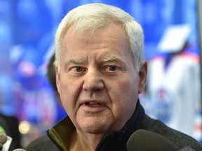 Oilers head coach Ken Hitchcock speaks to the media as players clean out their lockers at Rogers Place in Edmonton on April 7, 2019.