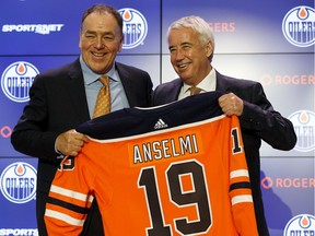 The Edmonton Oilers announced that Tom Anselmi (left) has been hired as President, Business Operations and Chief Operating Officer of EOHC and ICE District. He's seen in a press conference in Edmonton, on Monday, June 10, 2019 with Bob Nicholson, who takes the Chairman, Edmonton Oilers Hockey Club position.
