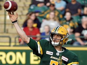 Edmonton Eskimos quarterback Trevor Harris releases the ball during CFL game action against the Montreal Alouettes in Edmonton on June 14, 2019.