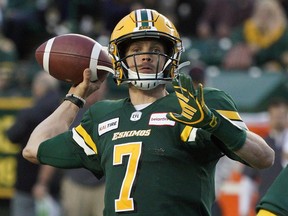 Edmonton Eskimos quarterback Trevor Harris looks for a receiver during CFL game action against the Montreal Alouettes at Commonwealth Stadium in Edmonton on Friday June 14, 2019.