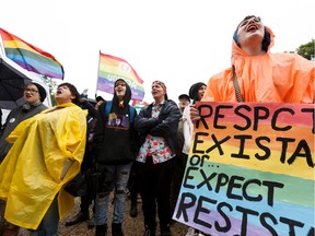 Demonstrators rally against Bill 8, the Education Amendment Act, during the Rally to Save Gay-Straight Alliances at the Alberta Legislature in Edmonton, on Wednesday, June 19, 2019. The rally was held to voice opposition to the bill which repeals rules around protecting the privacy of students involved in gay straight alliances.