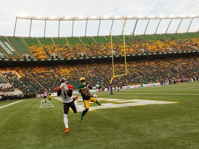 BC Lions' Lemar Durant (1) makes a touchdown catch on the Edmonton Eskimos during a CFL football game at Commonwealth Stadium in Edmonton, on Friday, June 21, 2019. Photo by Ian Kucerak/Postmedia