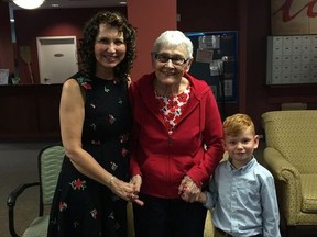 Marlane Pentelechuk poses with her mother Ellen and Marlane's grandson Henry. Edmonton writer Pentelechuk recently published a book titled Tuesdays with Henry, about involving children when visiting loved ones who are often lonely, lost and confused due to Alzheimer's and dementia. Supplied
