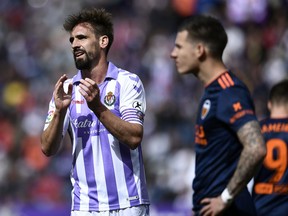 Real Valladolid's Spanish midfielder Borja Fernandez applauds during the Spanish league football match between Real Valladolid FC and Valencia CF at the Jose Zorrilla stadium in Valladolid on May 18, 2019.