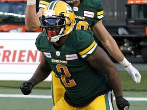 Edmonton Eskimos running back C.J. Gable celebrates his touchdown against the Montreal Alouettes at Commonwealth Stadium in Edmonton on Friday June 14, 2019.