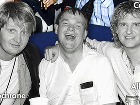 Tom Cochrane, left, Cam Tait and Alan Frew of Glass Tiger at a Corey Hart concert at Northlands Coliseum in the summer of 1987.