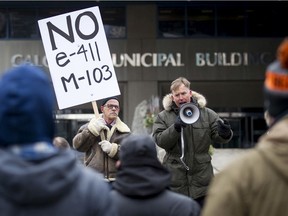Event organizer Stephen Garvey speaks during his anti-Motion 103 rally outside of city hall in Calgary on March 4, 2017. Two opposing demonstrations were occurring simultaneously just metres from each other, one supporting Motion 103, which would deem Islamophobia a hate crime, and the other opposing it, saying it would hurt freedom of speech.