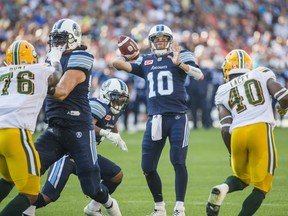 Toronto Argonauts quarterback Logan Kilgore faces the Edmonton Eskimos at BMO Field in Toronto, on August 20, 2016.