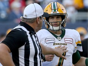 Edmonton Eskimos quarterback Trevor Harris is not going to get an explanation from the referee during CFL action against the Blue Bombers in Winnipeg on Thursday, June 27, 2019.