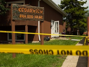 Edmonton Police Service detectives are investigating a serious assault at the Cedarview apartments near 88A Street and 144 Avenue in Edmonton, on Monday, July 8, 2019. Photo by Ian Kucerak/Postmedia