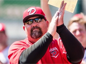 Mitch Schmidt of the Okotoks Dawgs in manager of Team West at the Western Canadian Baseball League All-Star Game Sunday at Edmonton's Re/Max Field.