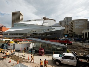 The Stanley Milner Library is seen under construction in Edmonton, on Tuesday, July 16, 2019. Online criticism has compared the library's redesign to a tank, a Star Wars cruiser or a bad Tinder profile photo. Photo by Ian Kucerak/Postmedia