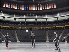 Real Valladolid  players Nacho Martinez, Michel and Javi Moyano pass the soccer ball around at Rogers Place on July 19, 2019. Cardiff plays Real Valladolid in a friendly on Saturday at Commonwealth stadium.