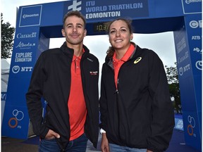 Canadian athletes Tyler Mislawchuk and Amelie Kretz at the finishline, will be competing in the ITU World Triathlon at Hawrelak Park in Edmonton, July 19, 2019.