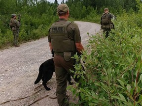 RCMP officers conduct search for two fugitive teenagers wanted in the killing of three people, including an American women and her Australian boyfriend, near Gillam in northern Manitoba.